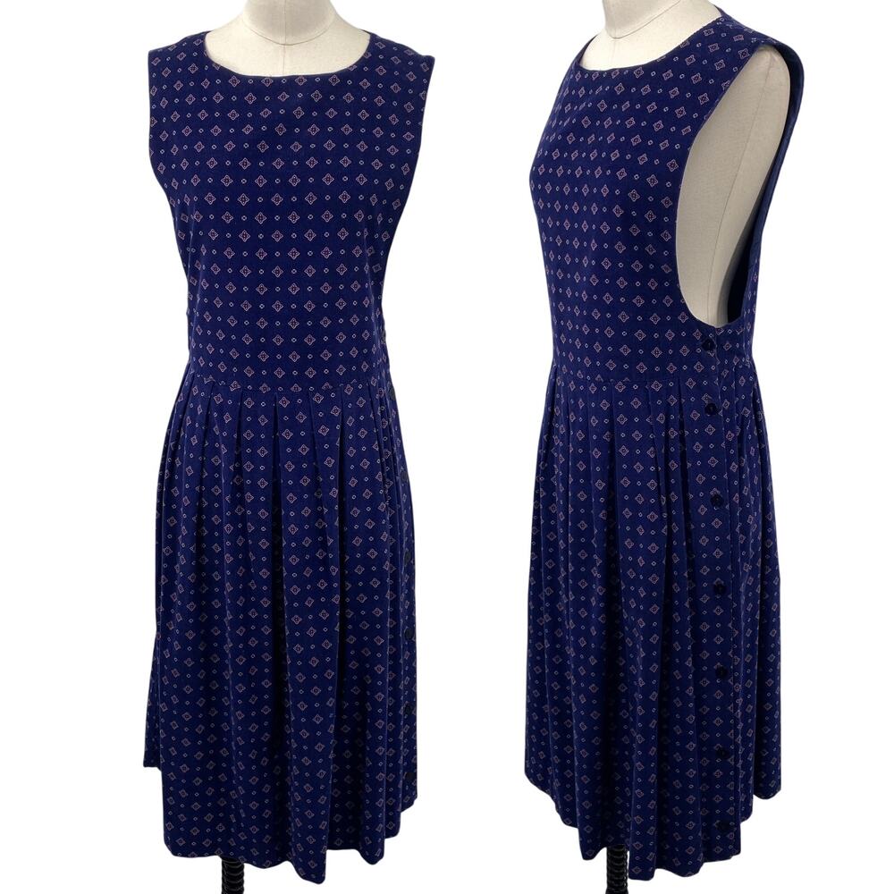 Vintage 90s American Eagle Corduroy Midi Dress Pinafore Pleated Printed Navy S